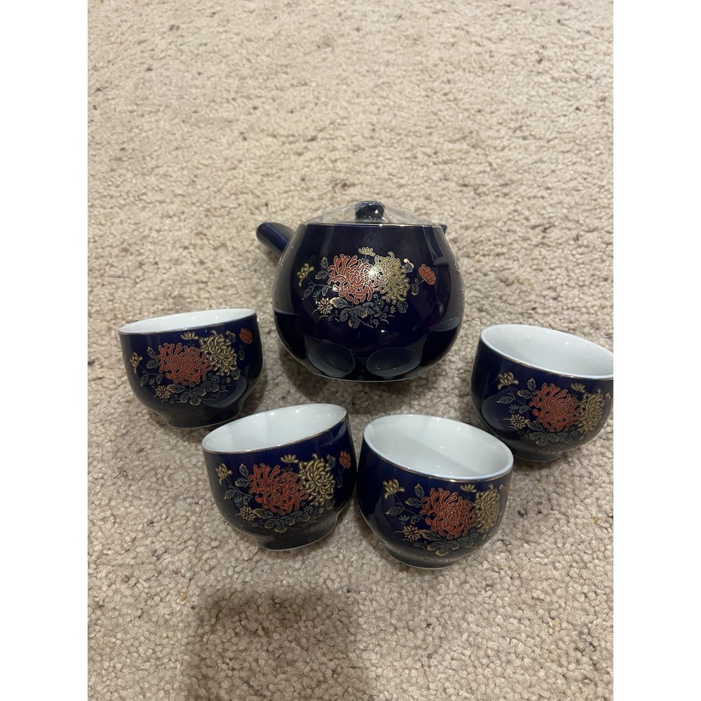 Vintage Japanese Cobalt Blue Teapot & 4 Teacup Set Double Floral Gold Rimmed - Picture 2 of 2